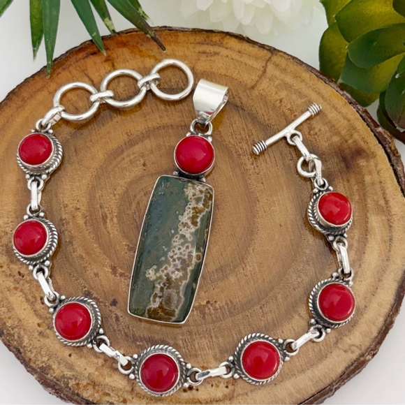 Jewelry Set Ocean Jasper & Coral Pendant Coral Bracelet Handmade New Red 925 - Picture 2 of 8